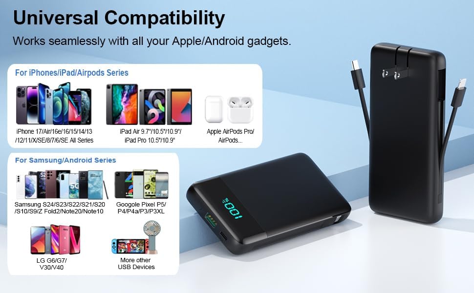 Slim Power Bank with Built-in Cables