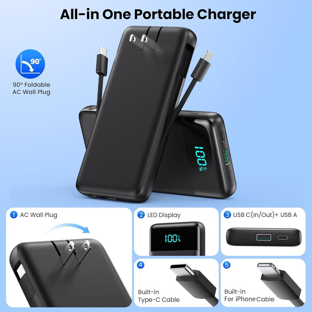 Slim Power Bank with Built-in Cables