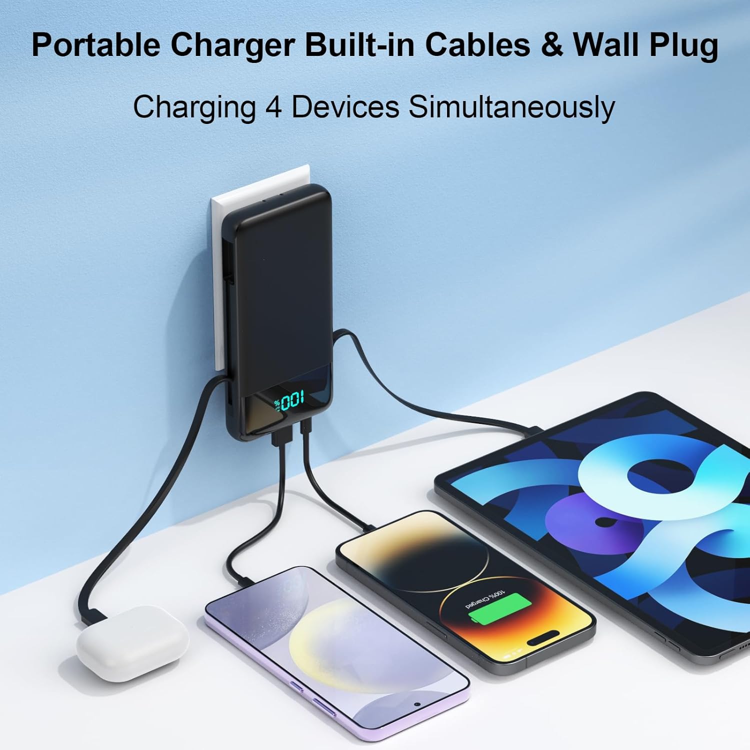 Slim Power Bank with Built-in Cables