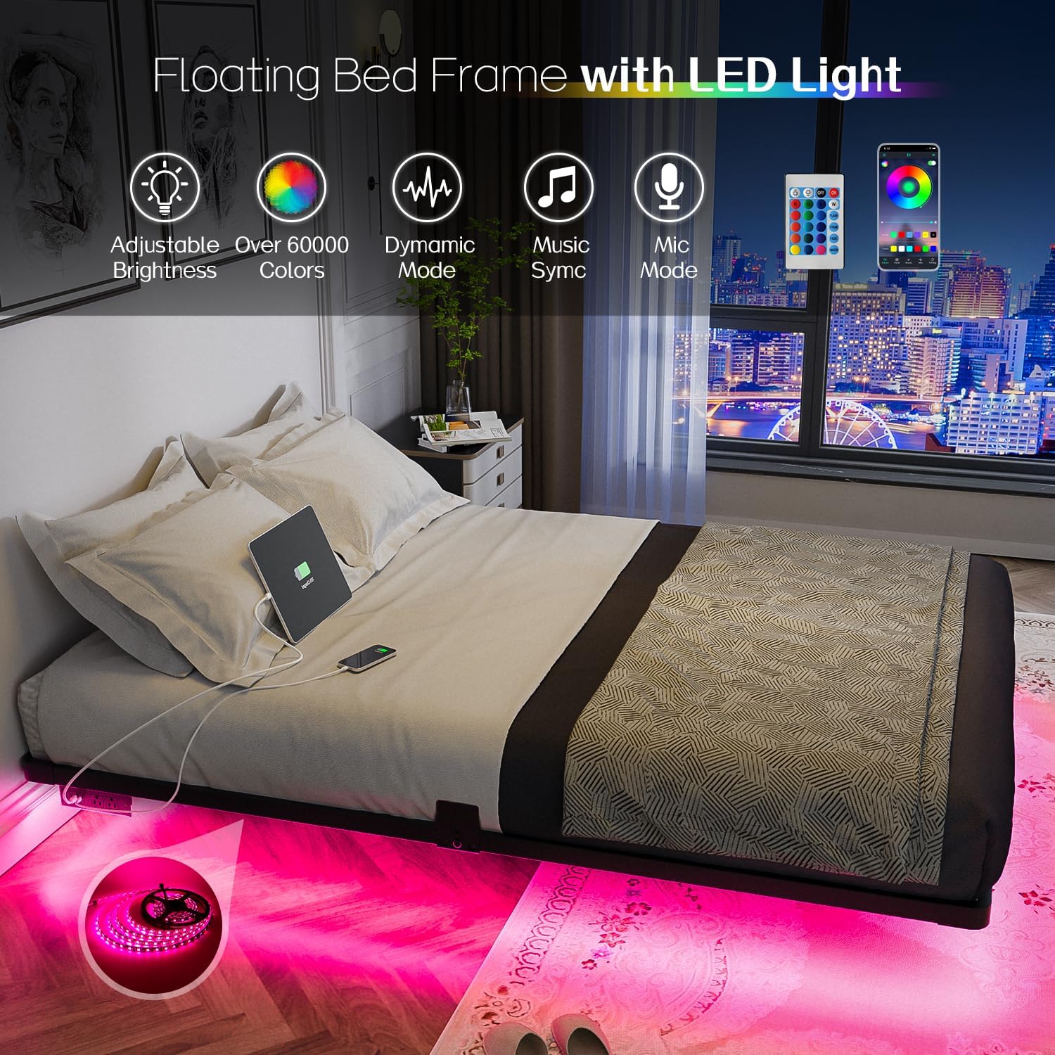 Smart LED Floating Bed Frame